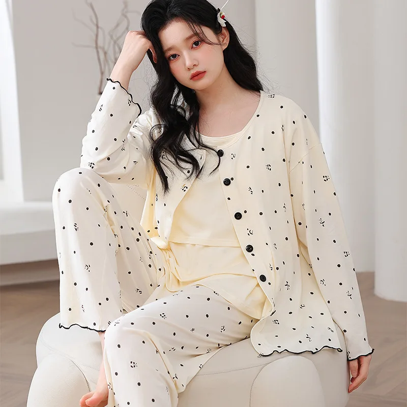 Modal Maternity Feeding Nightie Tops + Pant 3Pcs/Sets Sleepwear Nursing Clothing Pregnancy Maternity Pajamas Pregnant Pyjamas