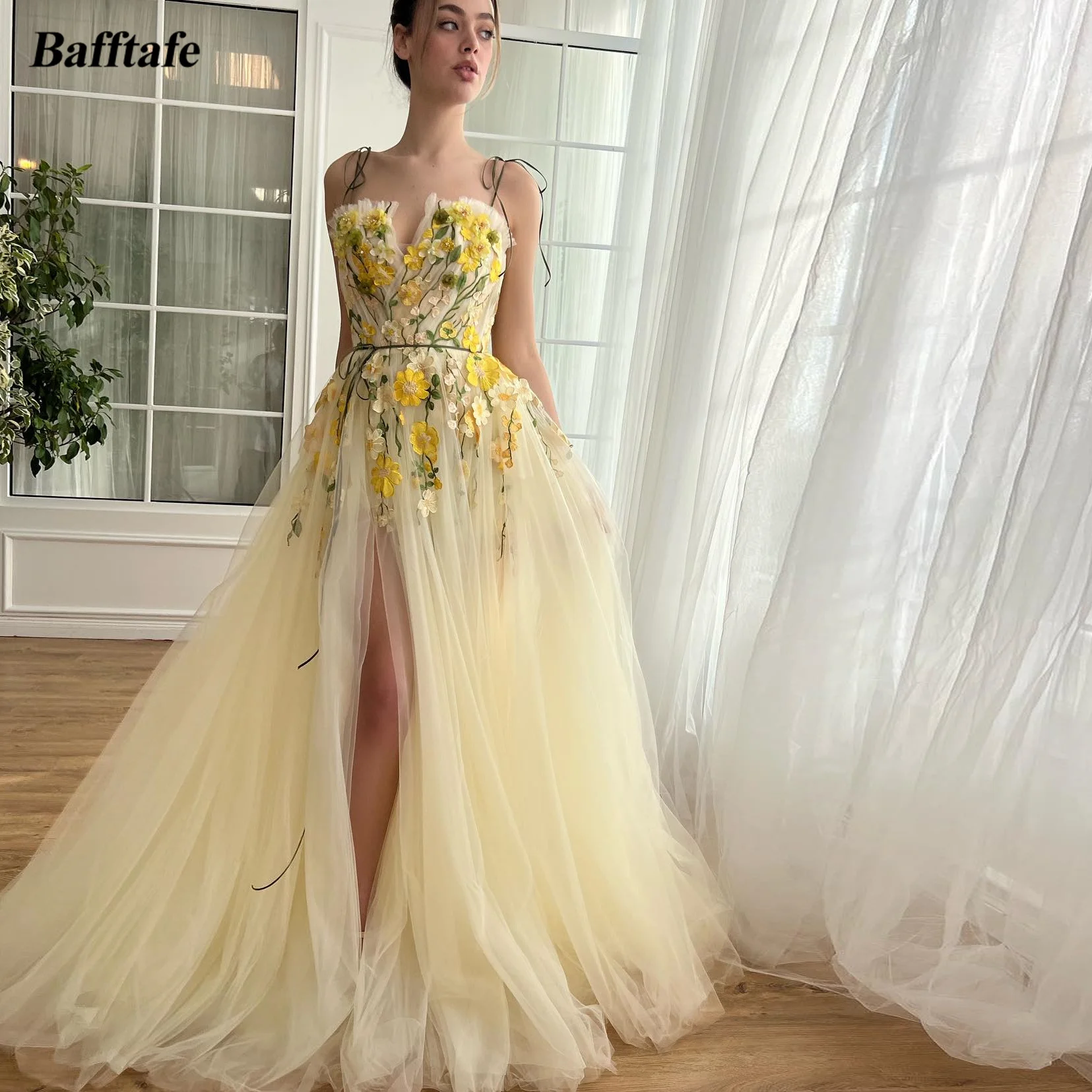 Bafftafe Fairy Floral Embroidery Prom Dresses Yellow Tulle Straps High Slit Formal Special Occasion Wedding Party Evening Gowns