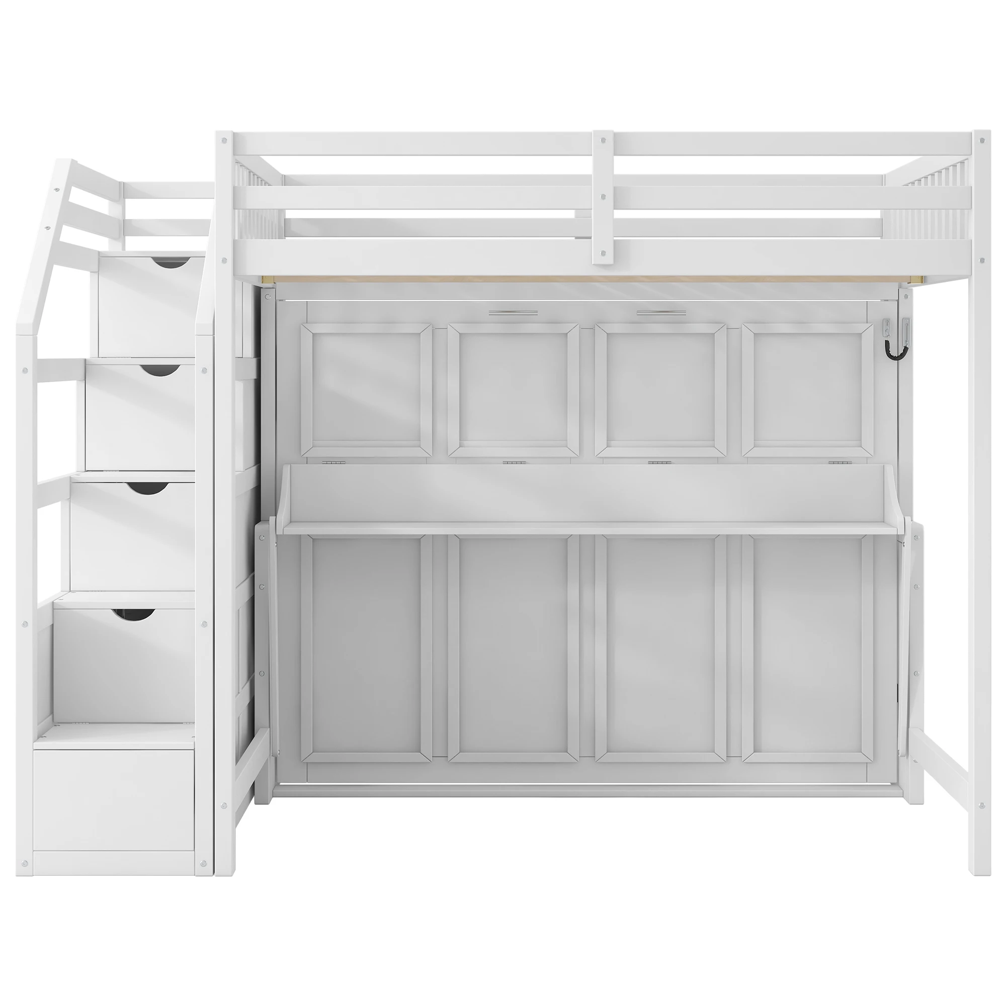 

Full XL Size Loft Bed With Storage Staircase and Full Size Murphy Bed With LED Light in White Color