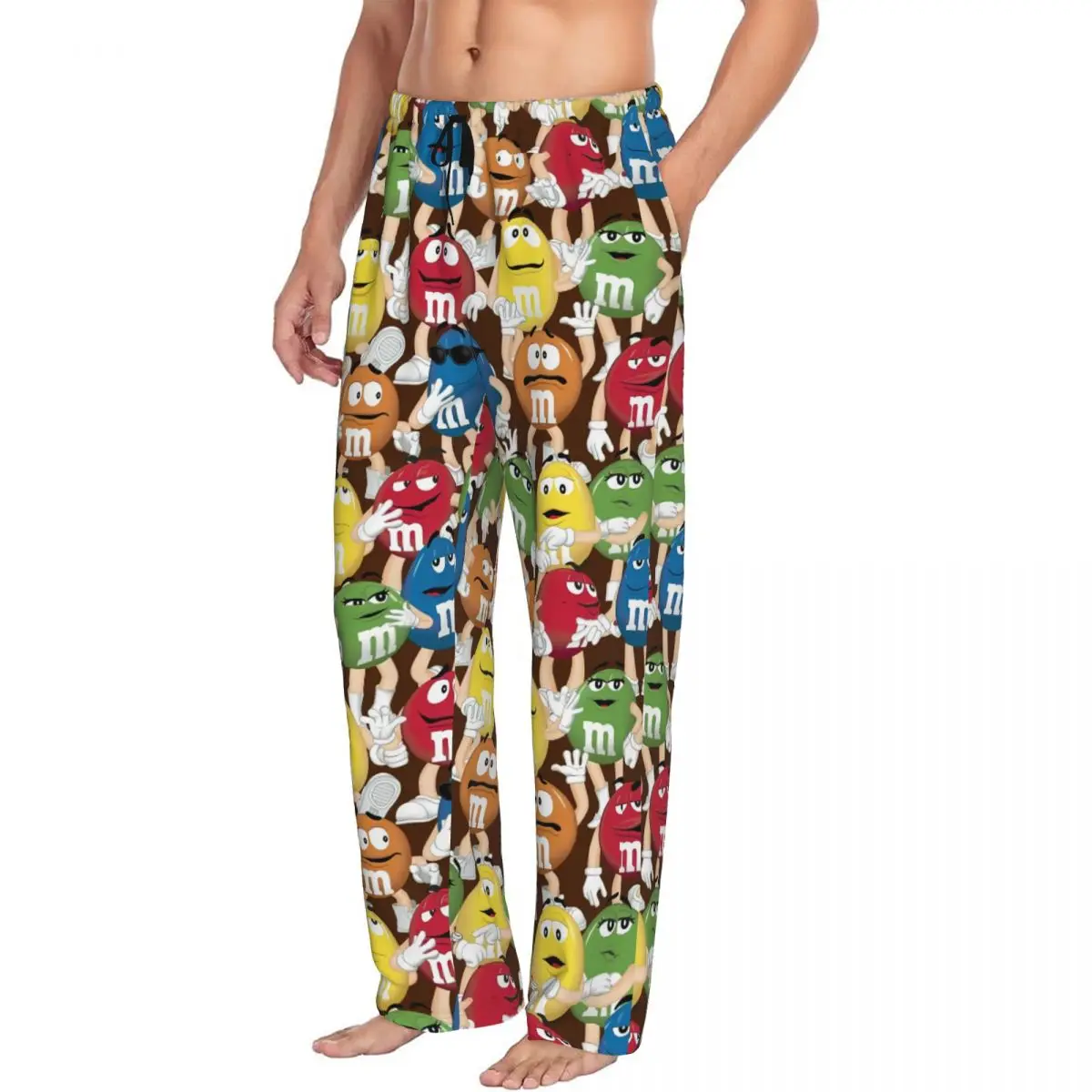 Custom Print MM Candy Characters Logo Pajama Pants for Men Cartoon Chocolate Sleep Sleepwear Bottoms with Pockets