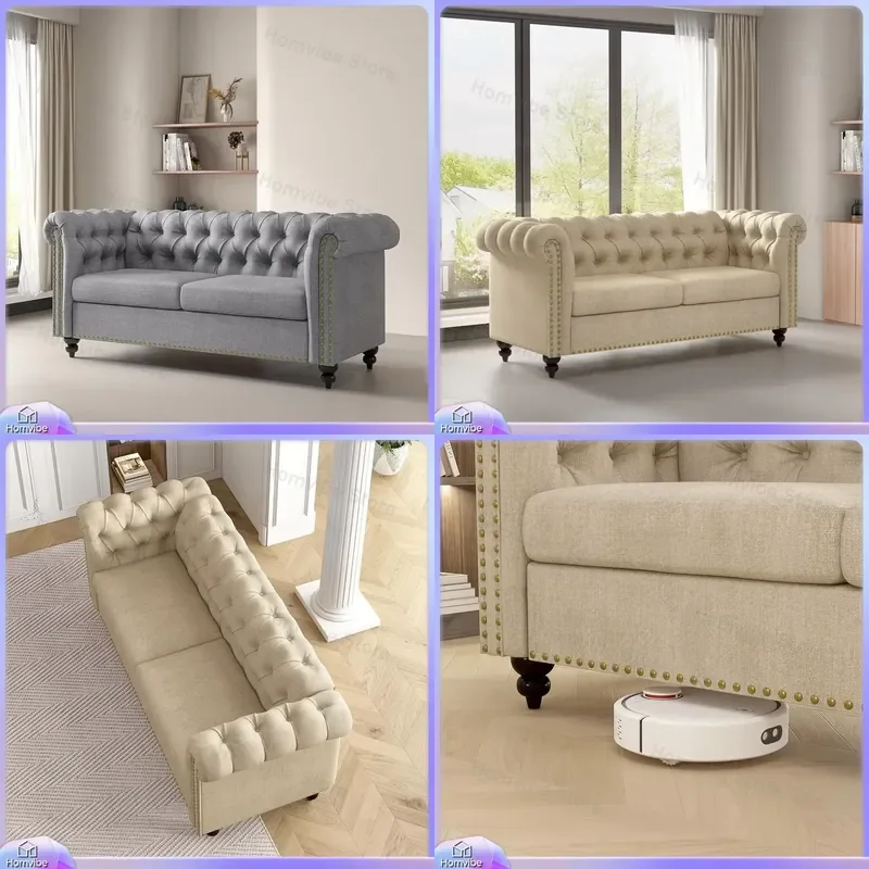 Large 2 Seater Chesterfield Sofa Button Back Linen Fabric Couch Settee for Living Room Office Bedroom Victoria Style Modern
