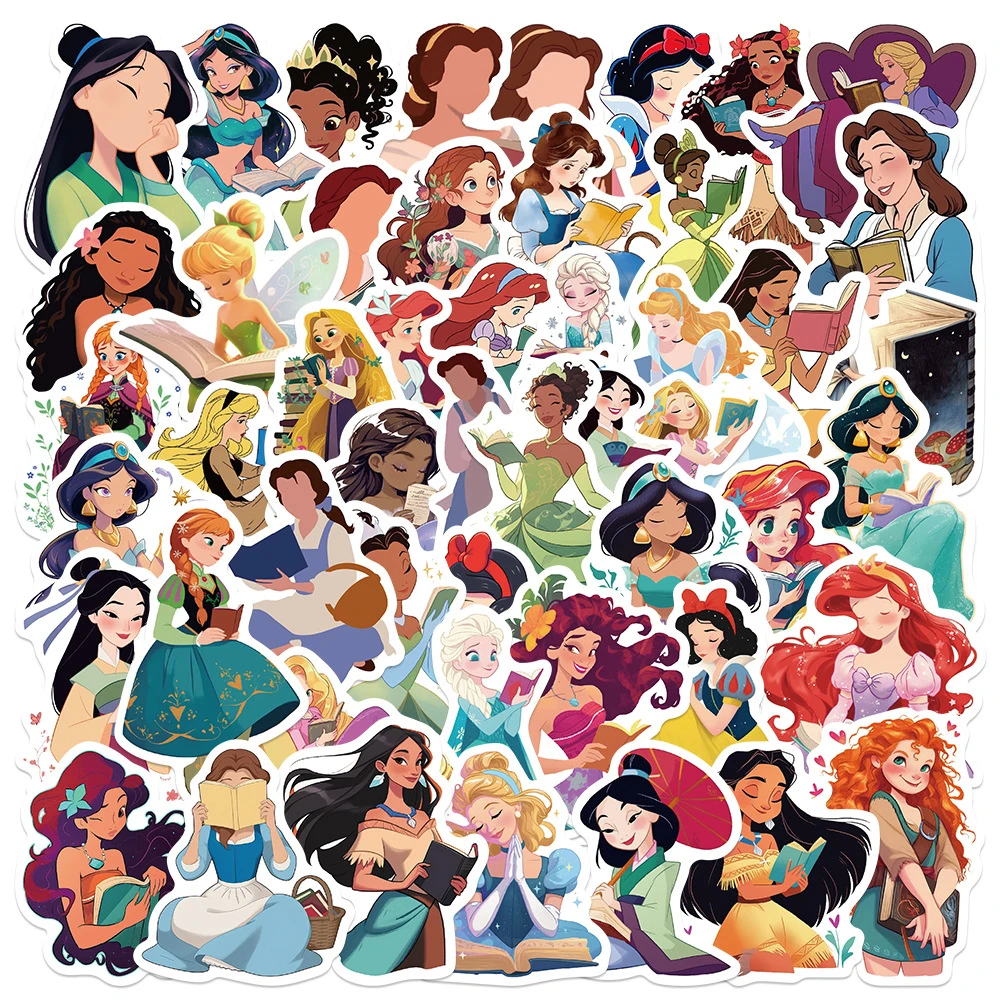 10/30/50pcs Disney Princess Reading Books Cartoon Stickers Cute Anime Girl Decal Toy Luggage Diary Car Aesthetic Sticker for Kid