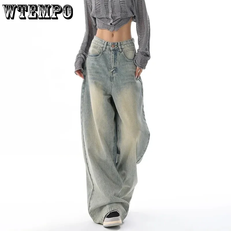 

WTEMPO All Season New Fashion American Retro High Waist Jeans Women Casual Loose Long Wide Leg Denim Pants with Pockets