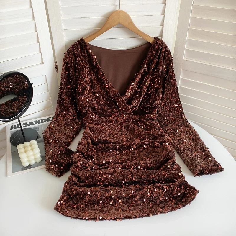 Korejpaa Shiny Sequins Bodycon Dress Elegant V-neck Long Sleeves High Waist Slimming Women Dresses Outwear Casual Vestidos