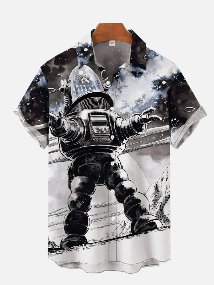 2024 Summer Retro Street New Sci-fi Space War Robot and Warrior Corps Printed Short-sleeved Shirt for Men with Lapel Button-down