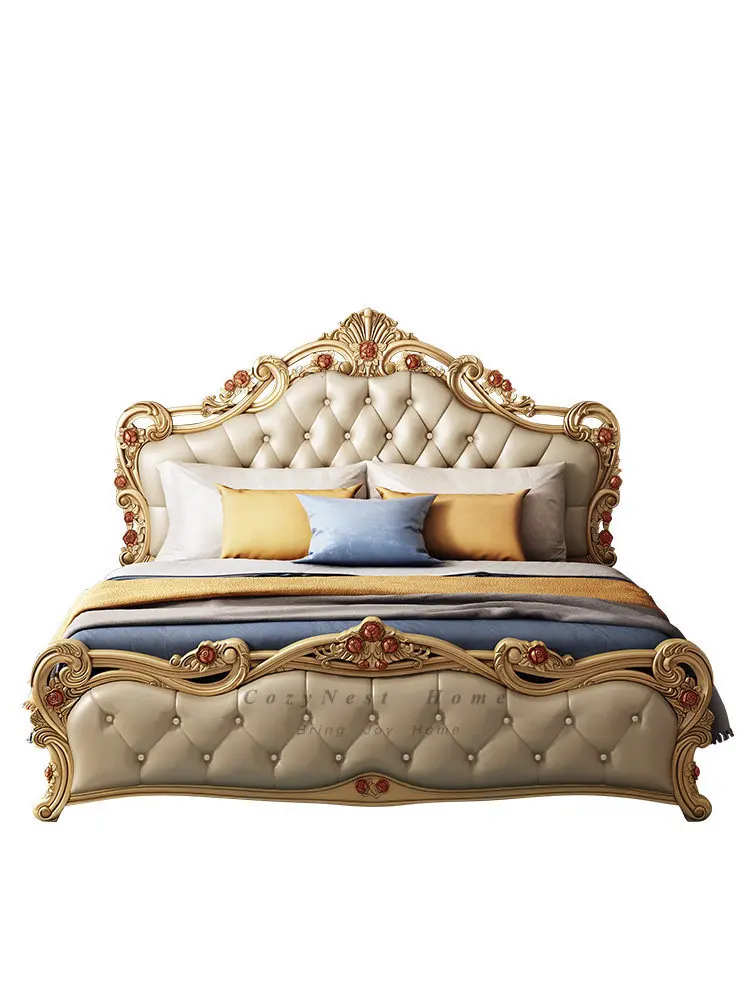 For Double bed, master bedroom, modern minimalist princess bed, carved wedding bed, champagne gold furniture set