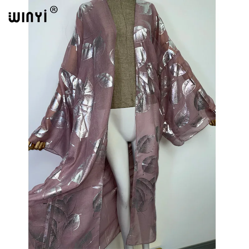 2022 Autumn WINYI new sexy Bronzing leaf printing Beach Wear Swim Suit Cover coat Elegant Women Boho Long Sleeve Kimono dress