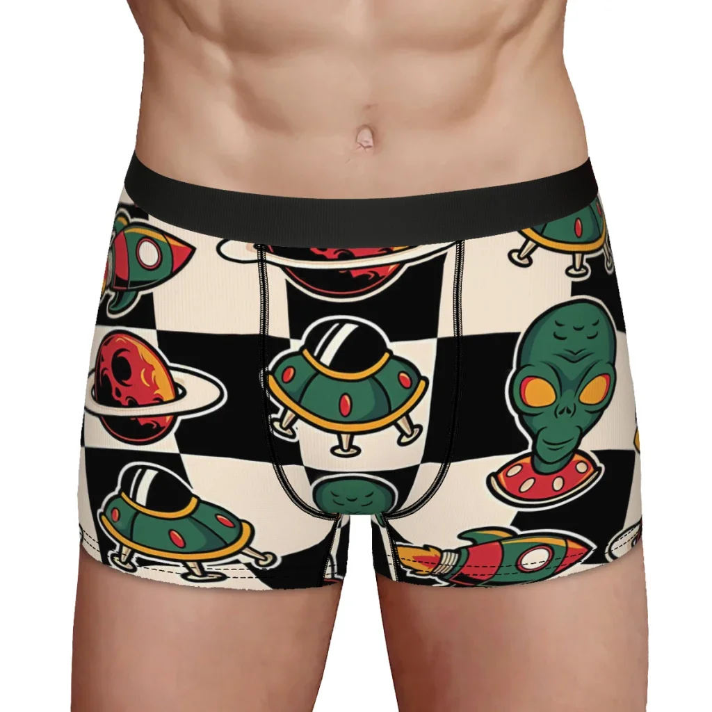 UFO on Checkerboard Alien UFO Pattern Underpants Breathbale Panties Male Underwear Ventilate Shorts Boxer Briefs