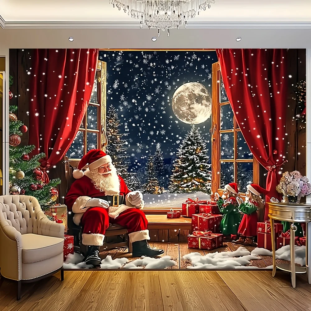 2D flat banner, 1 piece, a festive background of Santa Claus and Christmas tree, a festive home decoration banner
