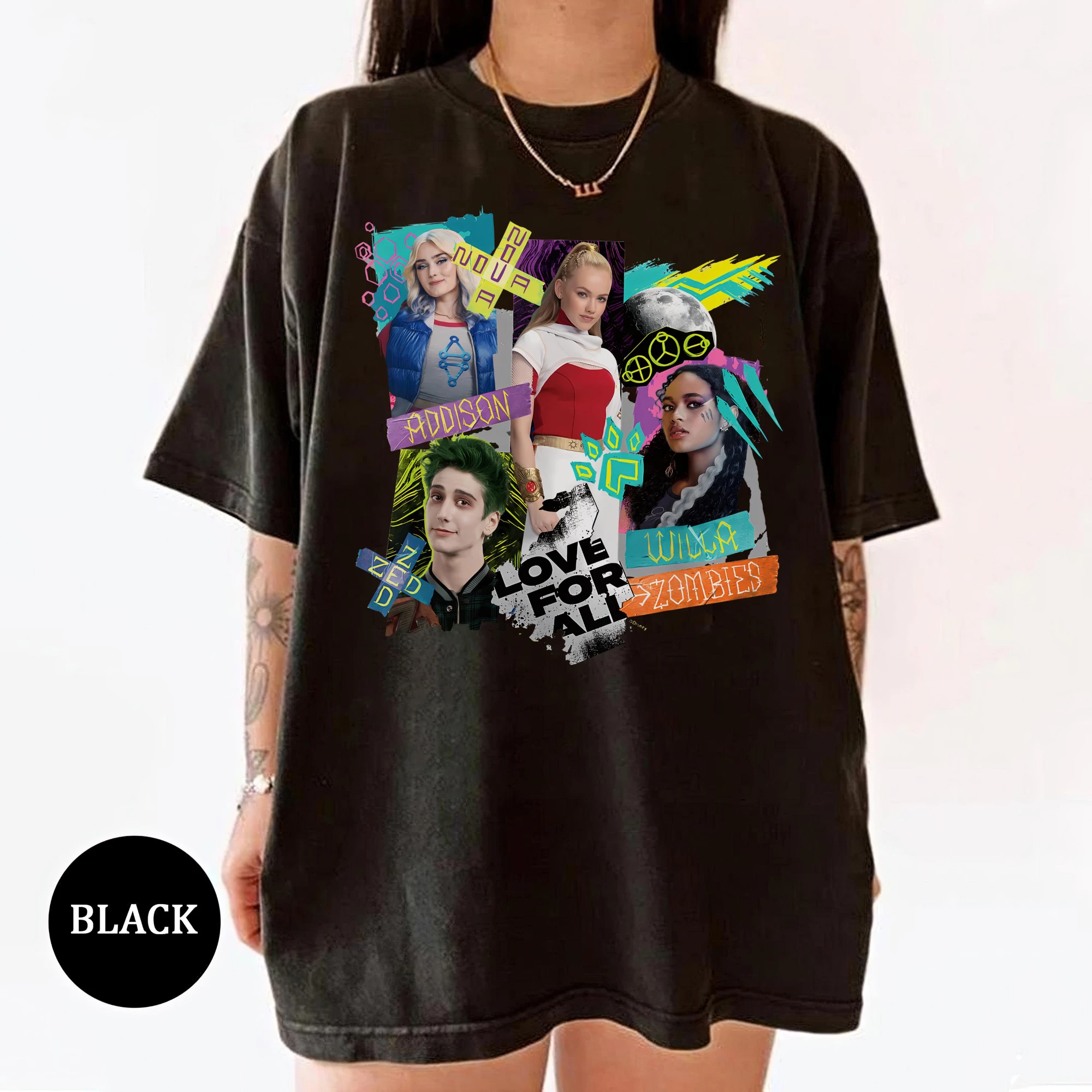 قميص شخصيات فيلم ديزني قناة زومبيز 4 ، ملصق ديزني زومبيز 2025 تي شيرت ، زيد وأديسون ، فيكتور ونوفا قميص رحلة تي شيرت