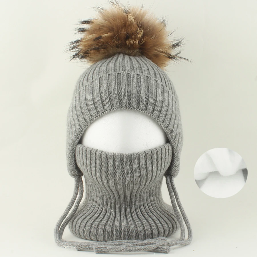 

Baby Hat Neck Set Real Raccoon Fur Pompom Kids Girl Boy Winter Warm Fleece lining Wool Knitted Beanies Children Cap Outdoor