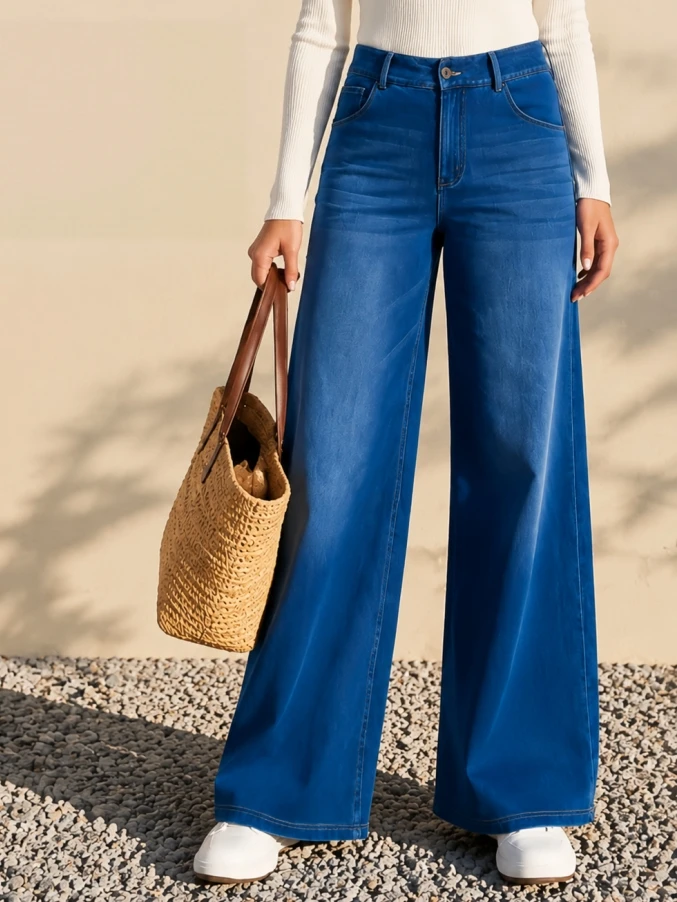 Smoothscape Women’s High Waist Stretch Wide Leg Jeans Casual Fashion Full Length Trousers Slimming Fit Loose Streetwear Everyday