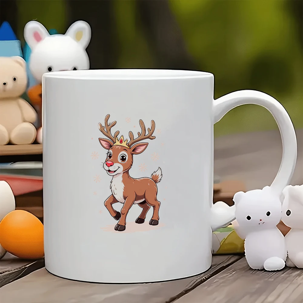 

11oz cartoon reindeer mug with golden crown gemstone decoration Christmas gift for kids family office coffee mug