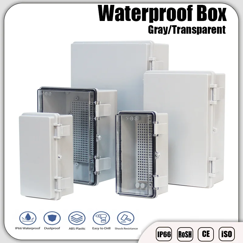 

Водонепроницаемый корпус для электронных приборов IP66, серый/прозрачный, из АБС-пластика, для наружного применения, распределительная коробка