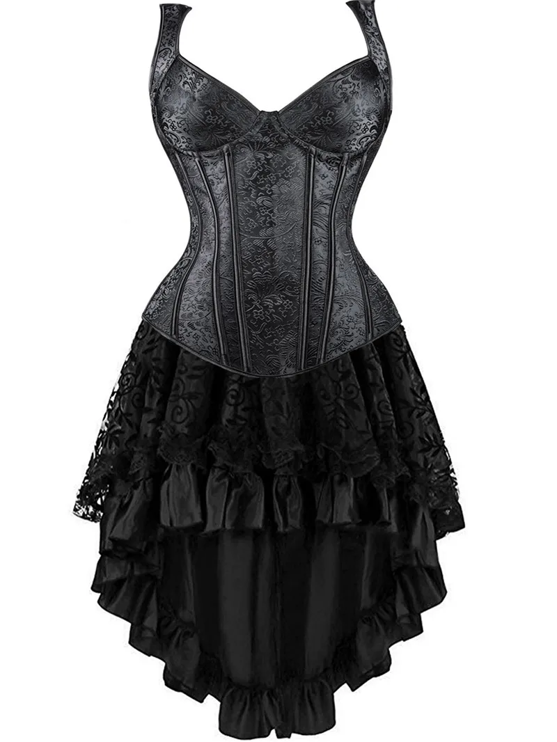 Vintage Steampunk Corset Straps Bustier Vest Top with Lace Skirts Gothic Corselet Plus Size Burlesque Costume Korsett