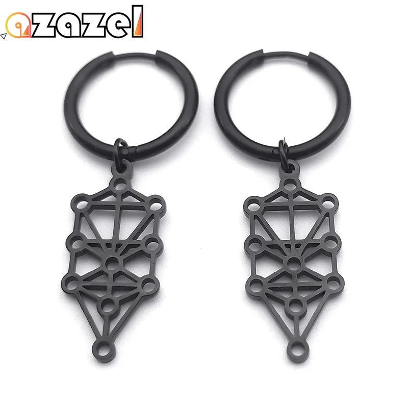 Kabbalah Tree of Life Talisman Goth Hoop Earring Women Men Stainless Steel Black Color Hollow Dangle Earrings Jewelry EXXXXS08