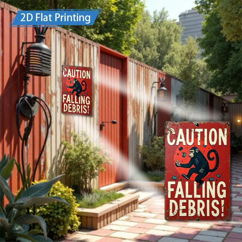 [2D FLAT] 1 قطعة علامة معدنية، 8 × 12 بوصة ريترو قرد الحذر سقوط الحطام علامة معدنية