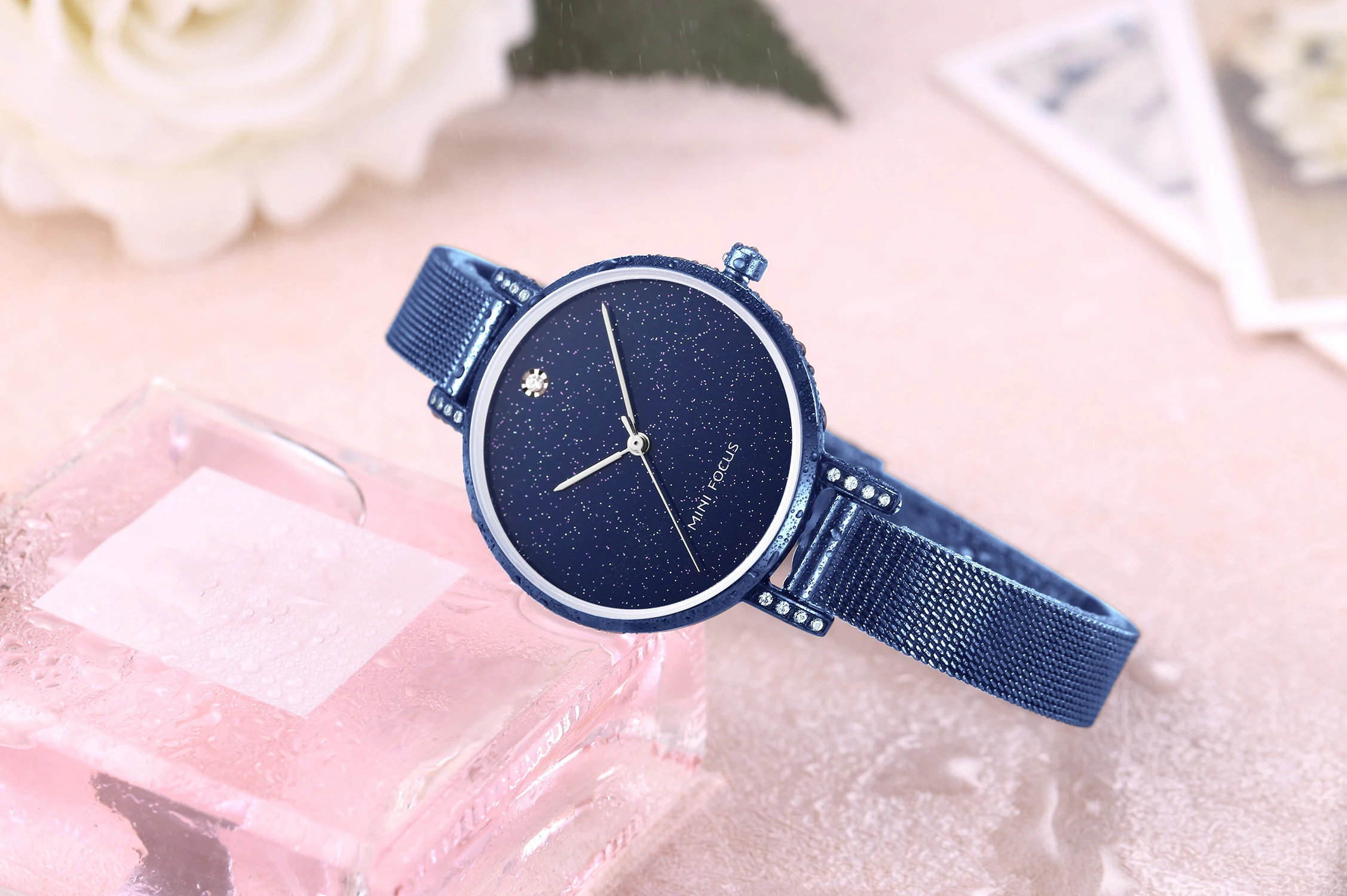 MINI FOCUS MF0160L Diamonds Design Horloge Luxe Blauw Mesh Roestvrij Stalen Band Lichtgewicht Waterdichte Dames Quartz Horloges