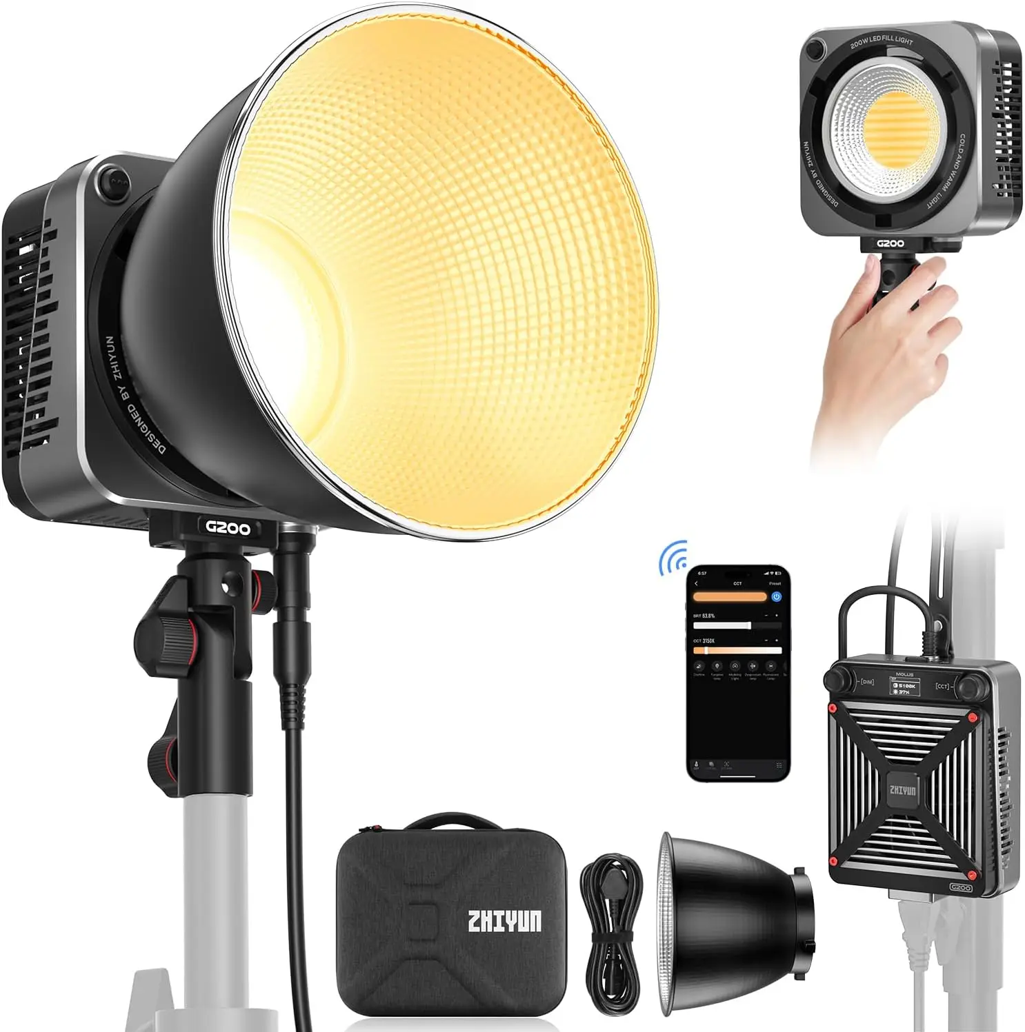 ZHIYUN Molus G200 200W COB Video Light Portable LED Photography Lighting with APP Control Ultra Quiet for Video Recording