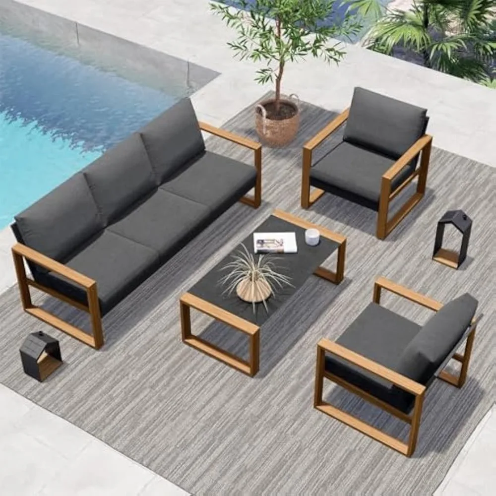 Outdoor 4-Piece Modern Aluminum Patio Furniture Sets 5 Person Conversation Set, Faux Wood Grain Finish Frame Sofa