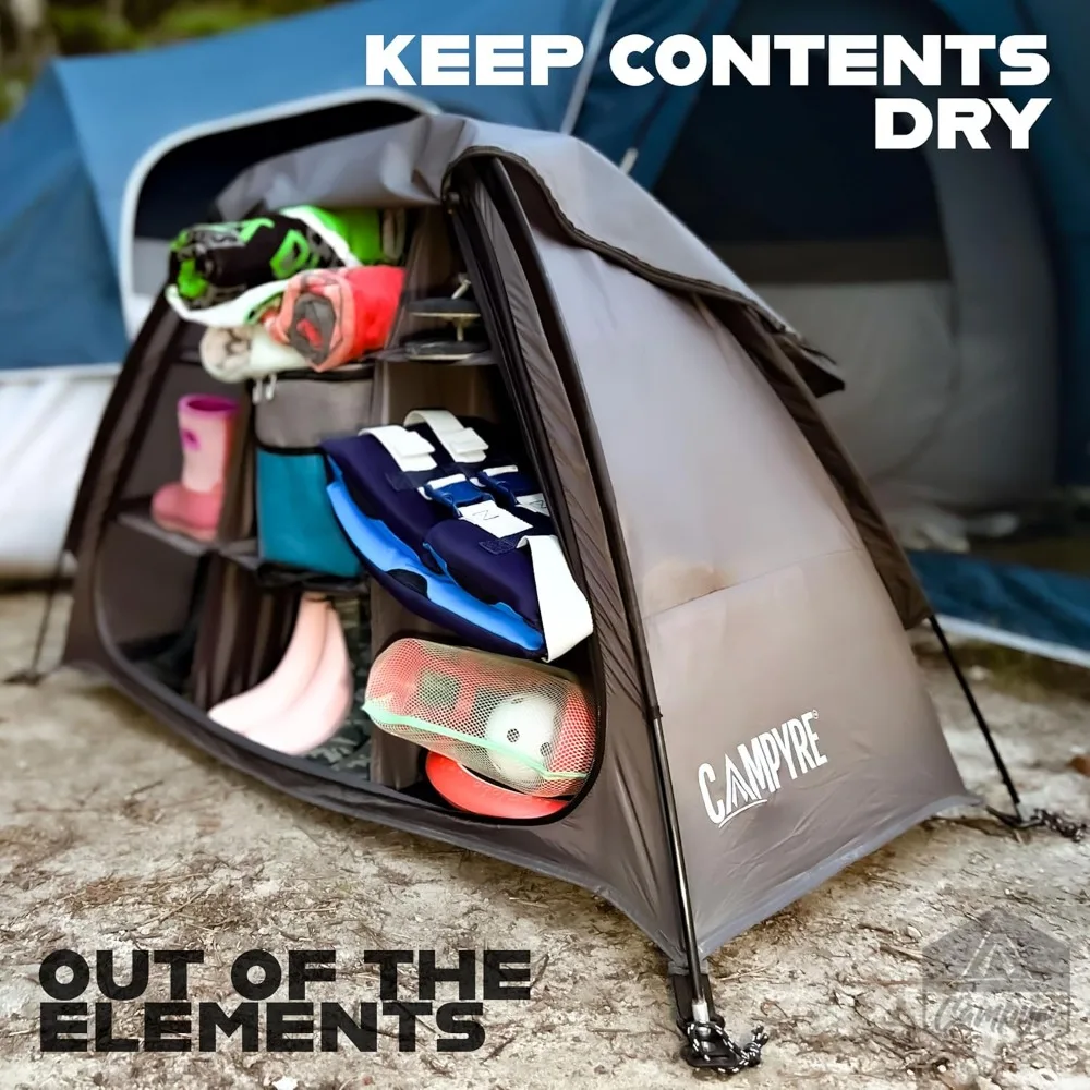 

Tent & RV Camping Organizer with Zippered Flap, 9-Shelf Storage. RV Shoe Organizer, Dining Tent Organizer/Accessories