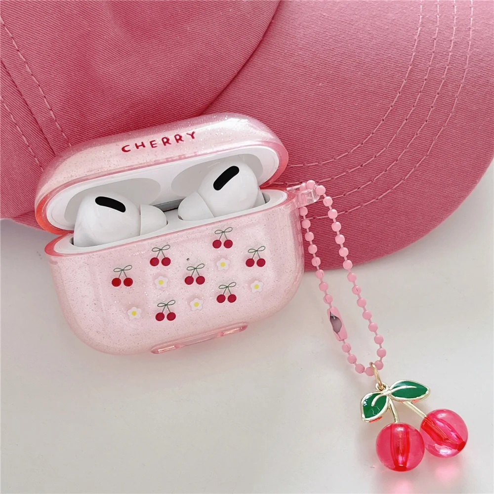 Cute Luxury Flash Pink Cherry Airpods Case For AirPods1/2/3/Pro Generation TPU AirPods 2 3 Pro Anti-fall With 3D Pendant