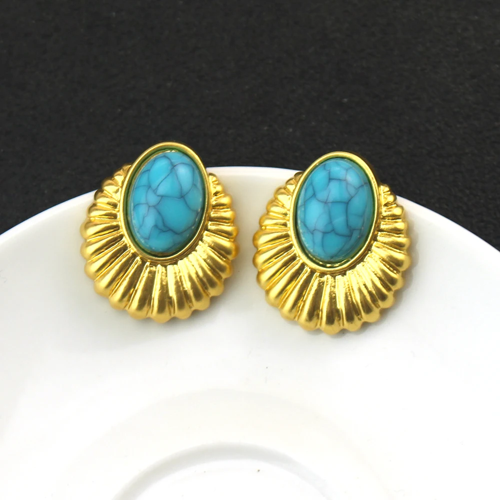 New Blue Oval Peacock Tail Retro Style Fashion Stud Earrings for Women Vintage Jewelry ﻿