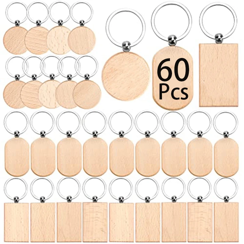 

60Pcs Blank Wooden Key Chain Unfinished Wood Slices Keychain Wooden Keyrings DIY Key Tag for DIY Arts Craft Christmas Ornaments