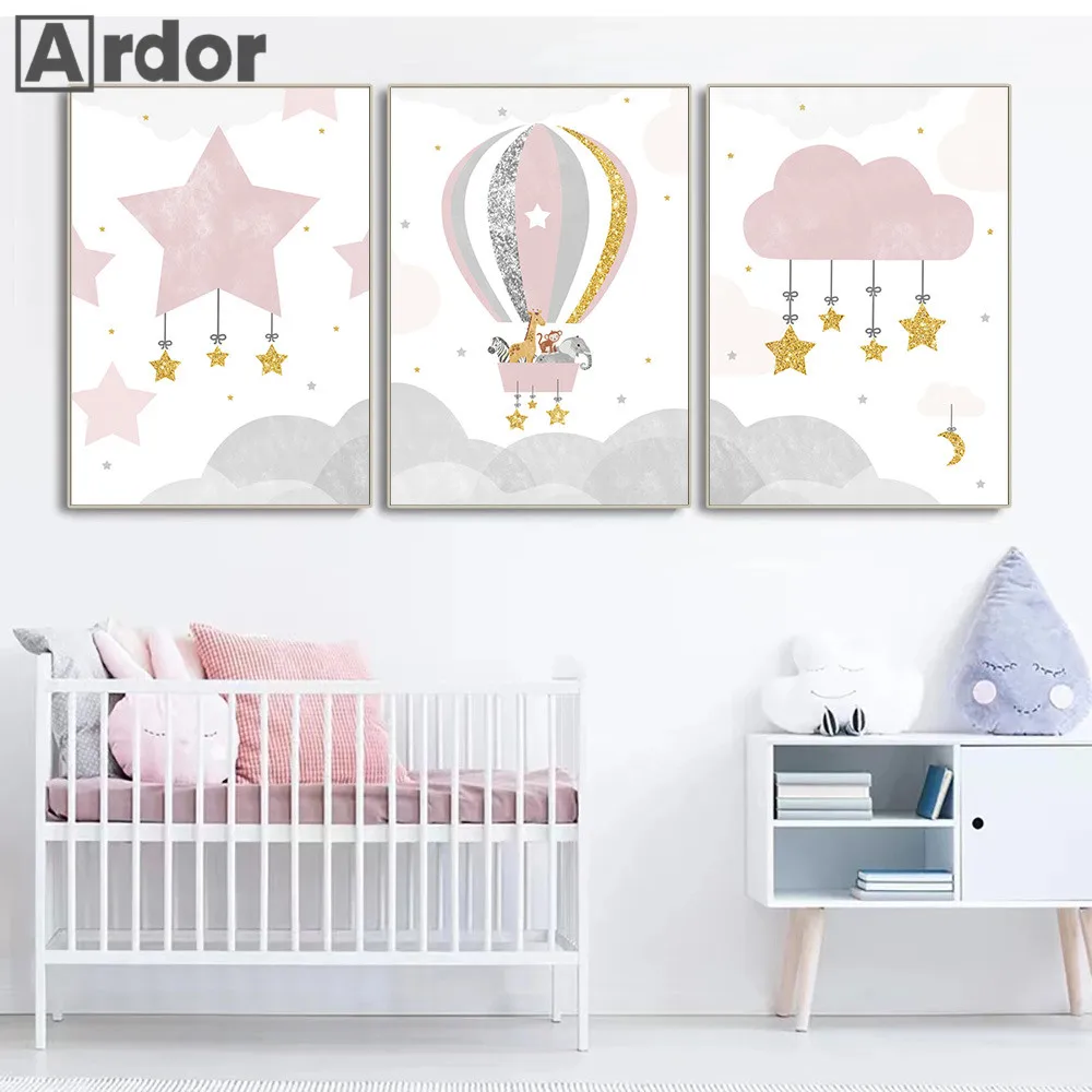 Pink Star Cloud Painting Poster Nursery Canvas Print Hot Air Balloon Elephant Art Posters Nordic Wall Pictures Girls Room Decor