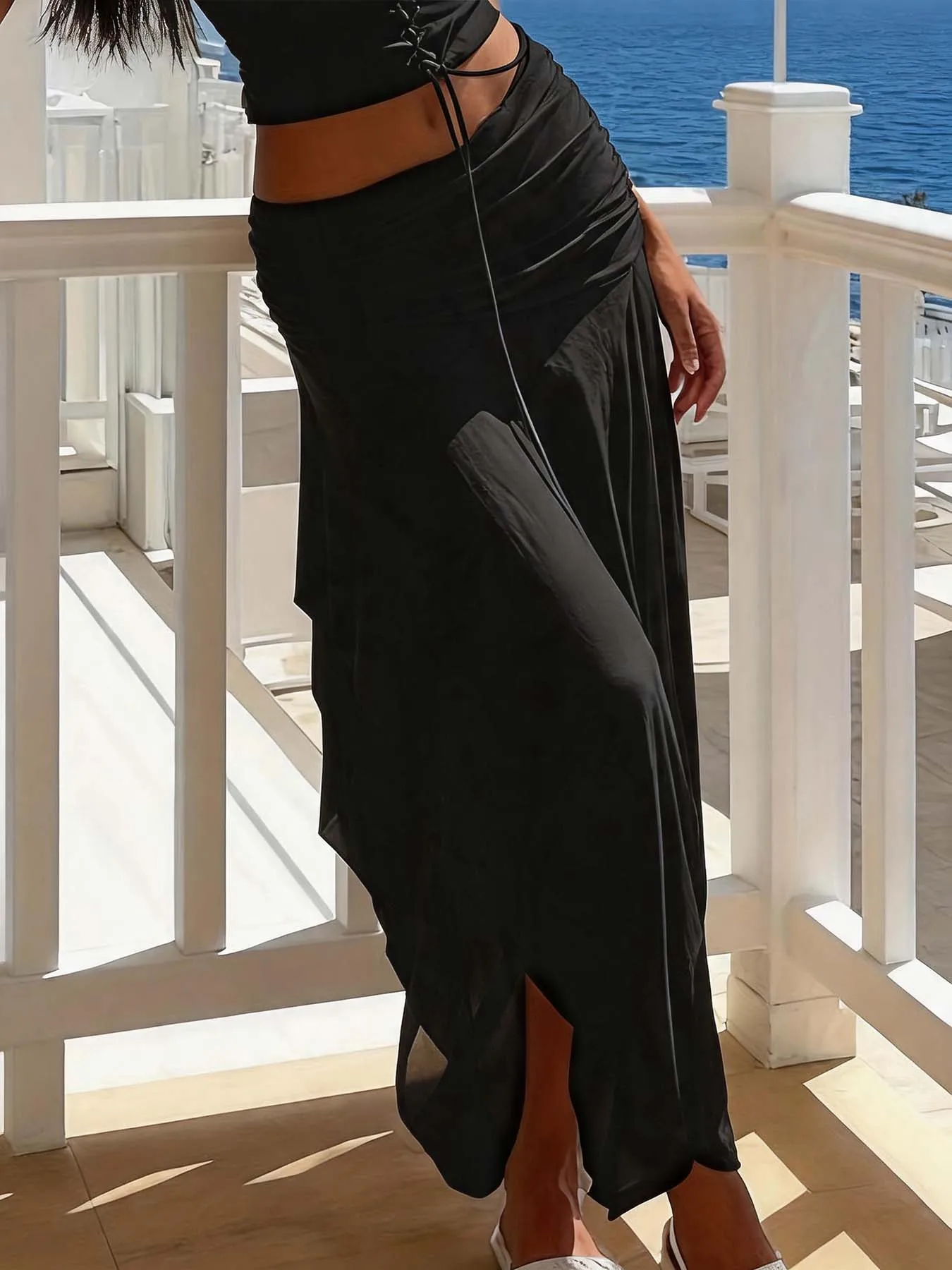 Summer new women's clothing versatile solid color simple temperament hot girl commuting fashion slit skirt