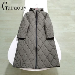 Garaouy 2023 Winter Women Loose Rhombic Lattice Hooded Zip Long Cotton Clothes Jacket Female Thickened Warm Parka Coat Outwear