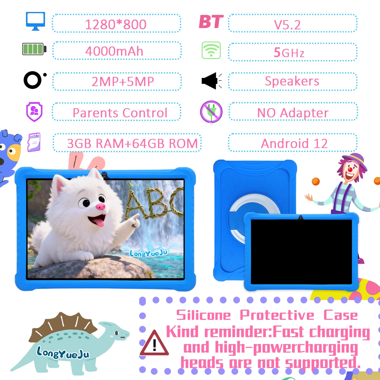 新しい 10.1 インチ子供用 t Android 12 キッドタブレット 3GB RAM 64GB ROM、ペアレンタルコントロール、2+5MP、5G、IPS 1280*800