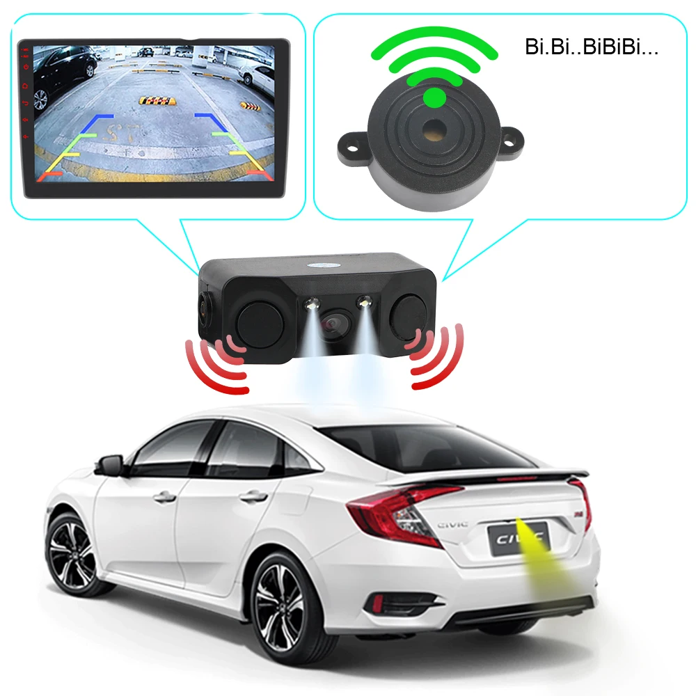 DC 12V 3 In 1 Rear View Camera Car Accessories Reversing Radar Sensor Detector Night Vision Universal LED Light Mini Alarm