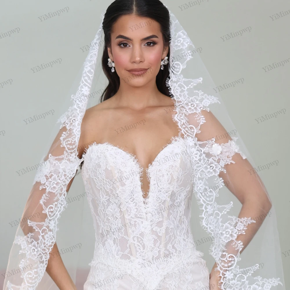 섹시한 여성 인어 웨딩드레스 맞춤형 오프숄더 V넥 레이스 아플리케 스윕 트레인 럭셔리 신부 드레스 맞춤 제작