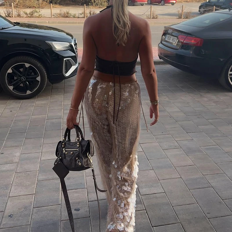 女性用 エレガント グリッター スパンコール 刺繍 ルーズフィット ロングパンツ サイドリボン付き ドローストリング ローウエスト Y2K ワイドレッグ パーティー クラブパンツ