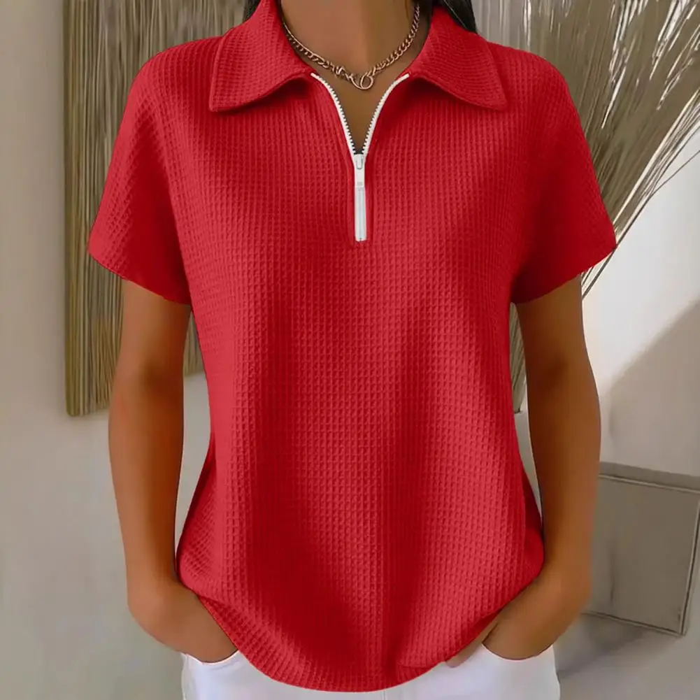 

Women Tops Lapel Short Sleeve Zipper Half Placket Shirt Tops Pure Color Waffle Texture Loose Fit Casual Shirt Home Dates Versati