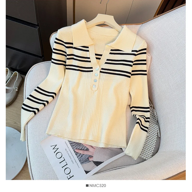 Elegante dames effen slanke trui contrasterende kleur gestreepte revers gebreide trui met lange mouwen