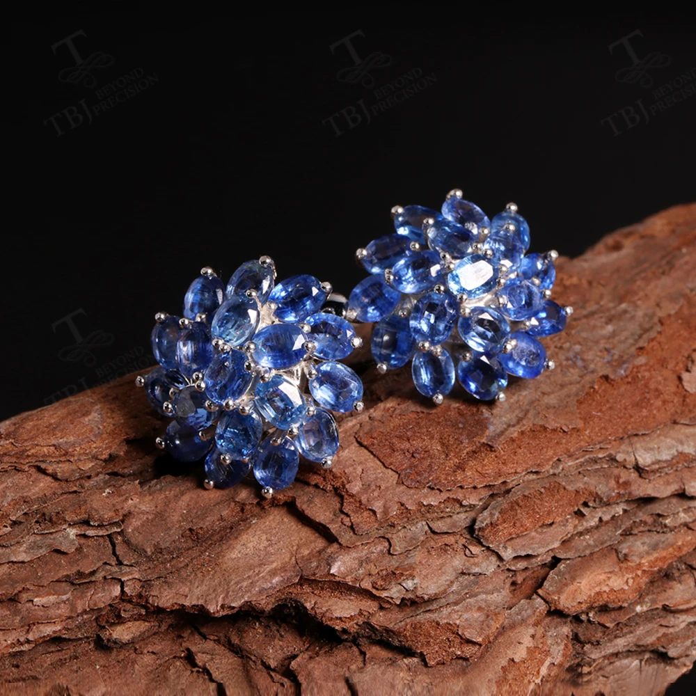 2025 Natural Blue Kyanite gemstones clasp earrings flower design S925 silver  quality jewelry for women party banquet gift