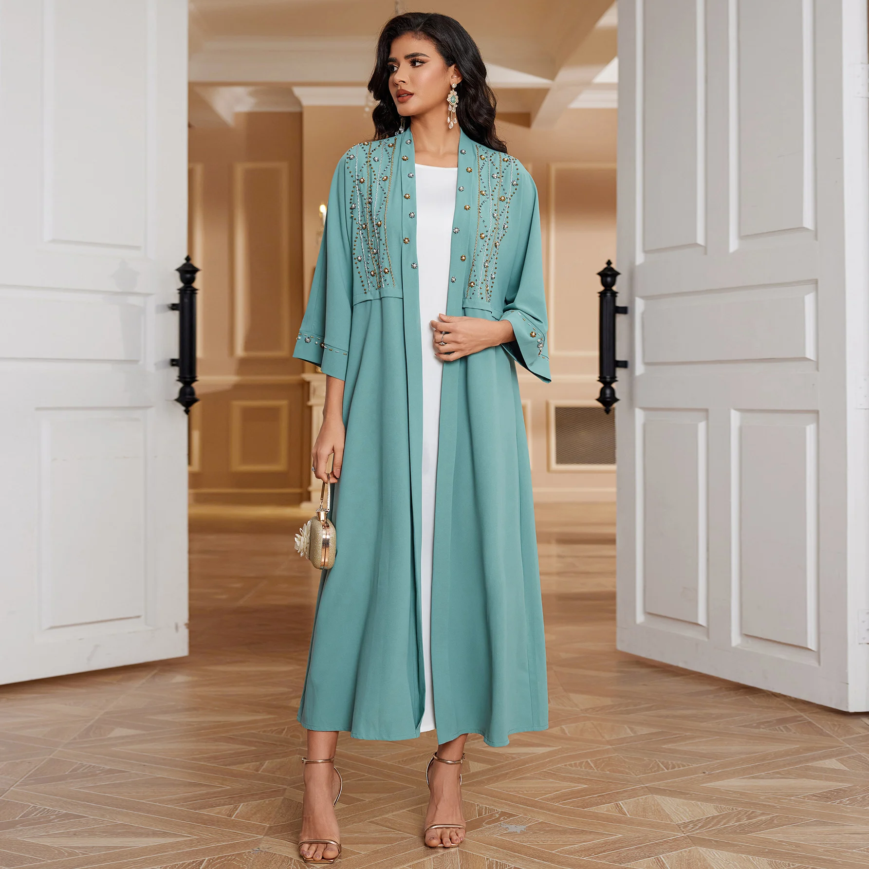 Fashion Solid Dubai Saudi Arab Casual Hand Work Rhinestone Long Sleeve Autumn Winter Overcoat Moroccan Turkish Bangladesh Abaya