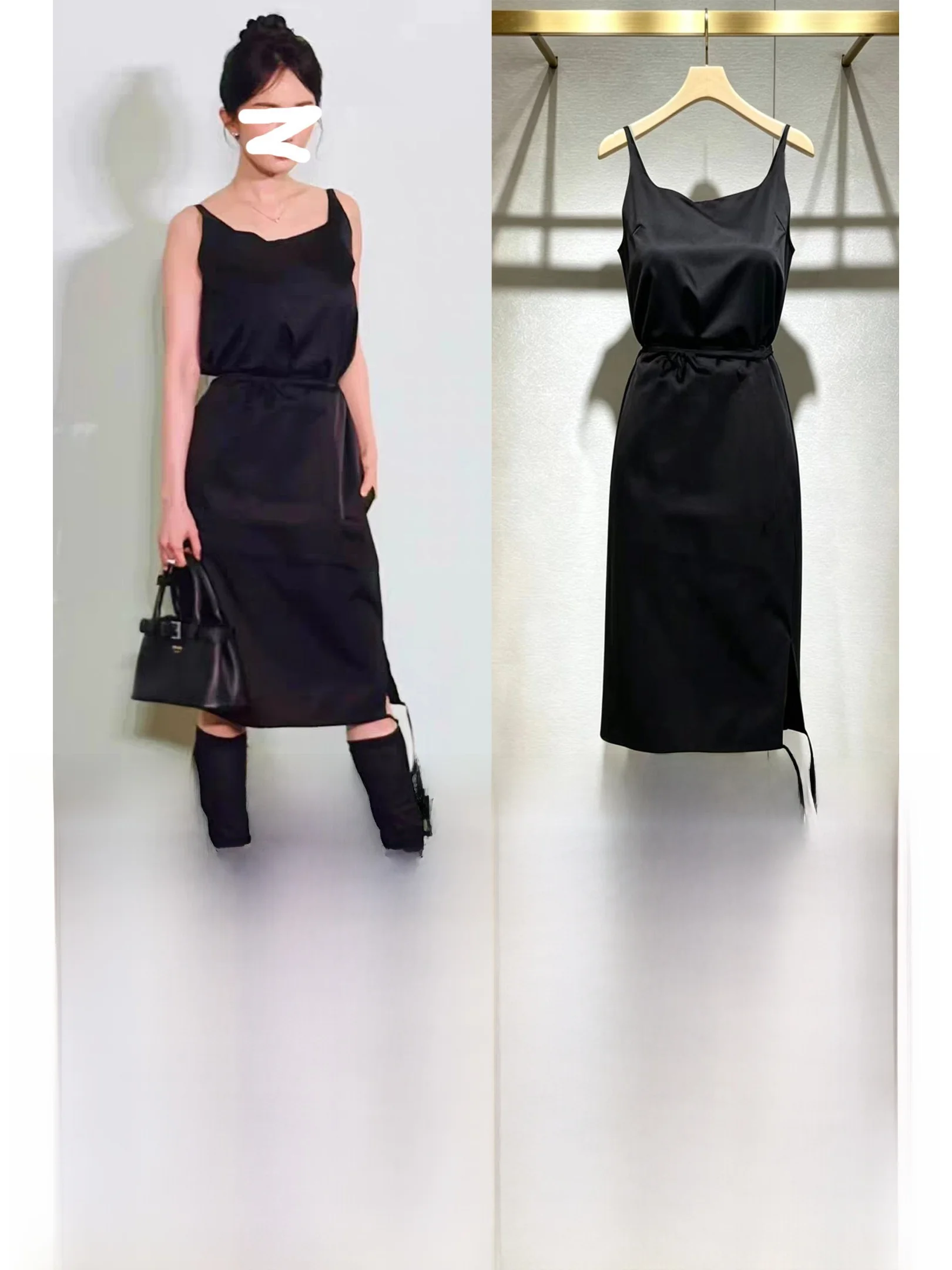 

Black Satin Belted Halter Dress Women's Summer High-End Feel Long Qipao Dress Chopstick Sister Style Elegant Little Black Dress