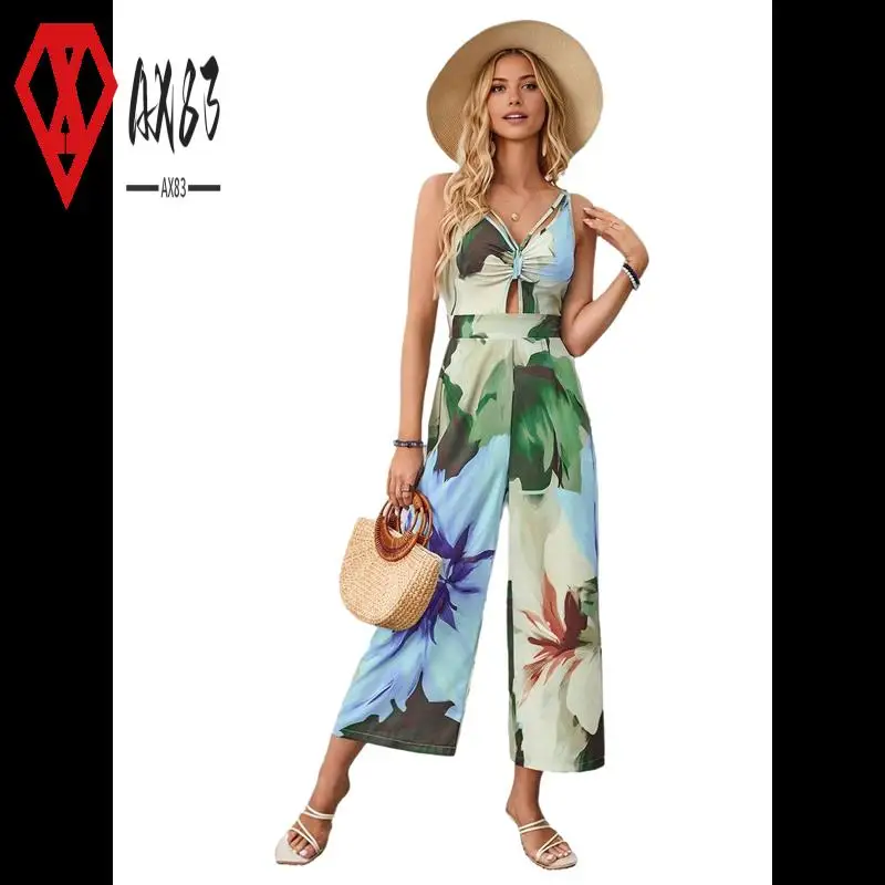 

AX83-Women's 2025 Summer Casual Boho V Neck Backless Tropical Floral Print Wide Leg Jumpsuit