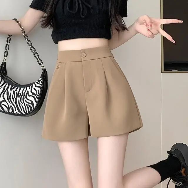 2024 Summer Khaki High-waisted Shorts for Women Summer Elegant Fashionable Loose Solid Color A-line Wide Leg Capris for Women