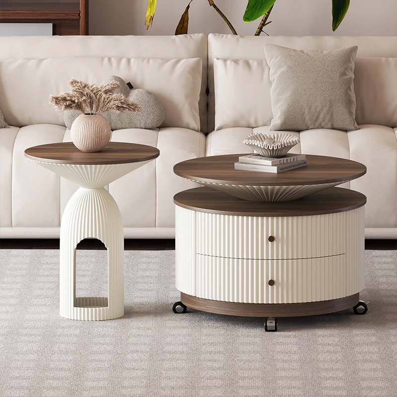 

2025 new coffee table medieval living room household light luxury high-end small apartment cream wind movable round tea table