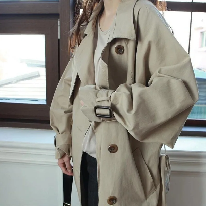 

Длинный плащ большого размера, женский осенне-зимний женский костюм, пальто с воротником и поясом, двубортная верхняя одежда 2025