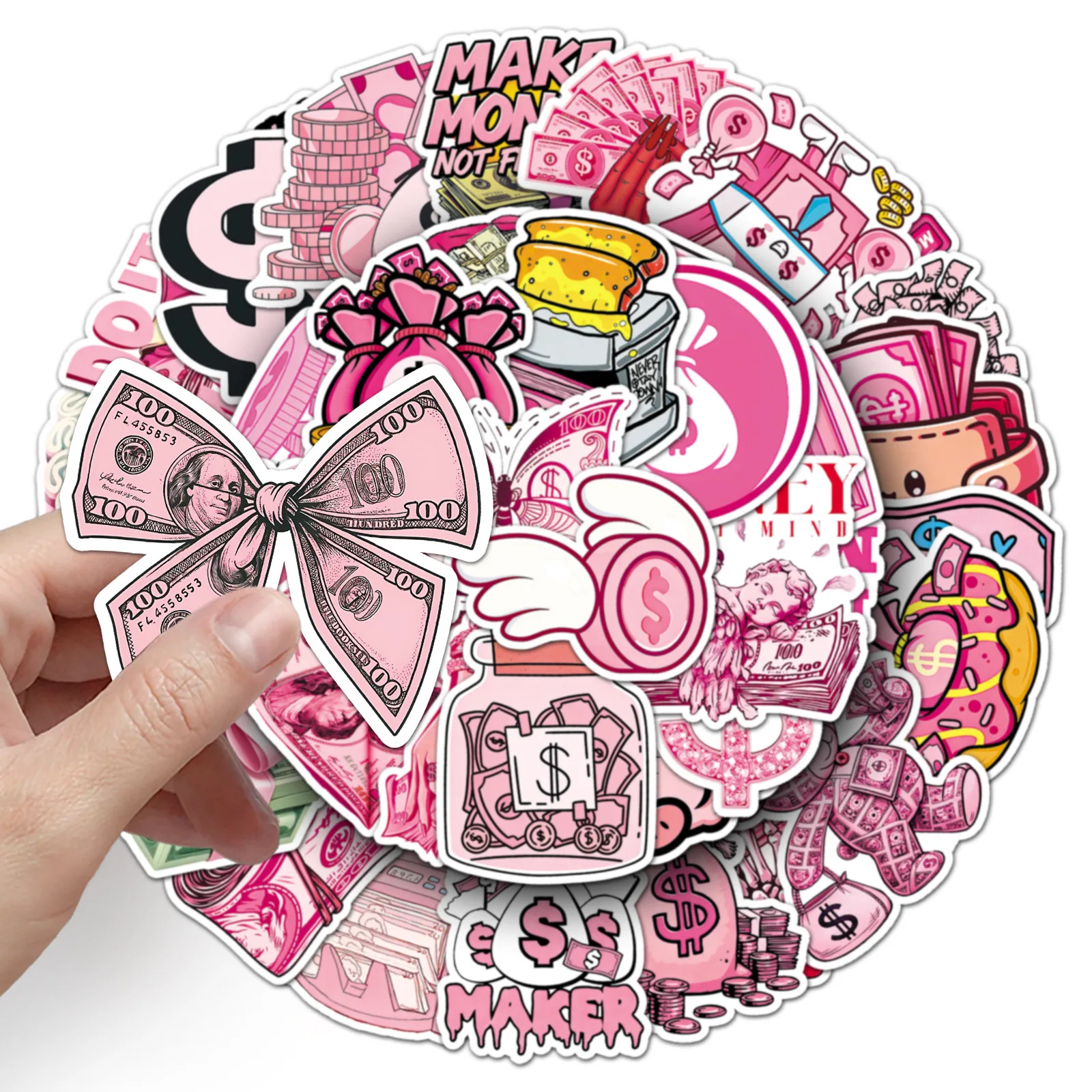 50 Pcs Fun Money Symbol Doodle Stickers Pack, Decorate Phone Scrapbook Laptop Helmet Skate Suitcase Guitar Cup Waterproof Decals