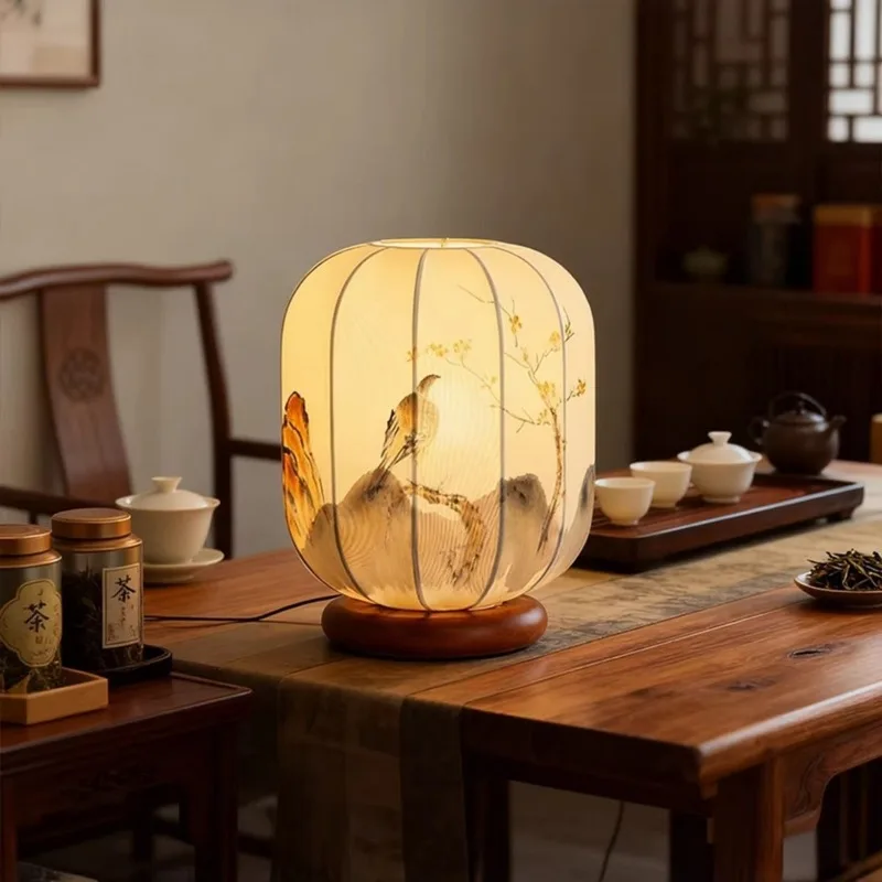Retro national style bedroom bedside table lamp handmade painting calligraphy table lamp