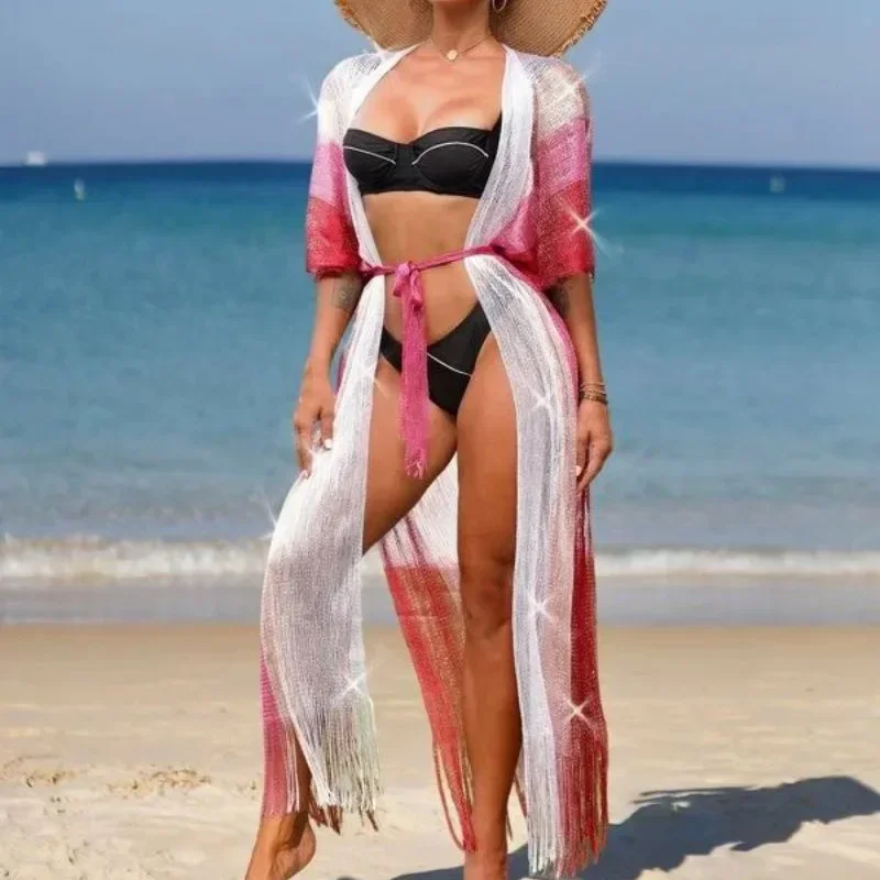 Tassel White Gold Kimono Bikini Cover-ups Sexy Tunics Beach Dress Women Clothing Beach Outfits Swimsuits Woman 2025 New Cover Up