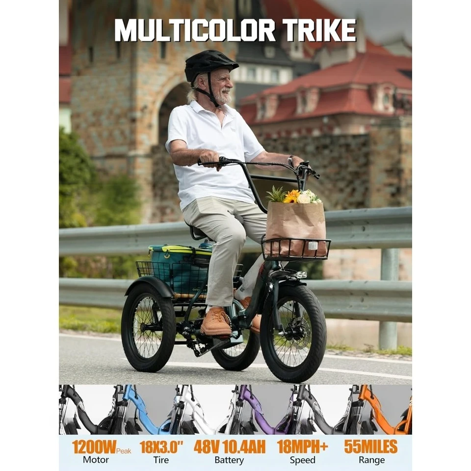 LocalStock Folding 3 Wheel Electric Bike 1200W Motor 18MPH 55 Miles Fat Tire Ebike Step-Thru Tricycle for Adults with Removable image 2
