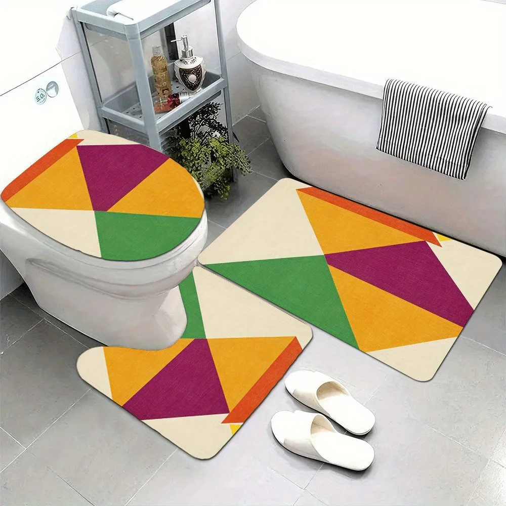 3 Piece Bathroom Mat Set Floor Rug Toilet Mat and Slippers Modern Geometric Design Home Decor Accessory