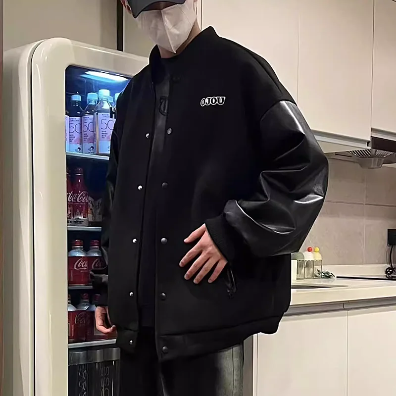 

Модная мужская кожаная куртка-бомбер в американском стиле, повседневная, весна-осень, в стиле High Street, крутая, с лоскутным дизайном, пилотская куртка